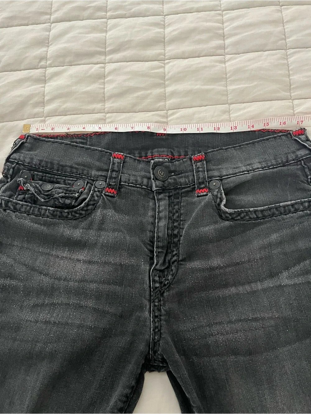 True Religion Men’s Black Denim Cutoff Shorts with flaw
